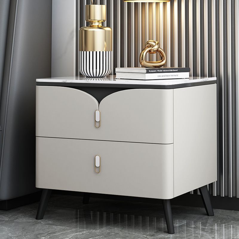 Contemporary Nordic Rectangular Stone Slab Wood Microfiber Leather Carbon Steel Nightstand 2-Drawer For Bedroom