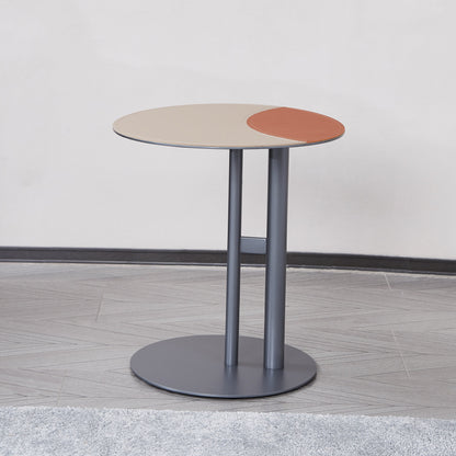 Round Two-Tone Saddle Leather End Table - Minimalist Compact Side Table With Metal Base For Living Room