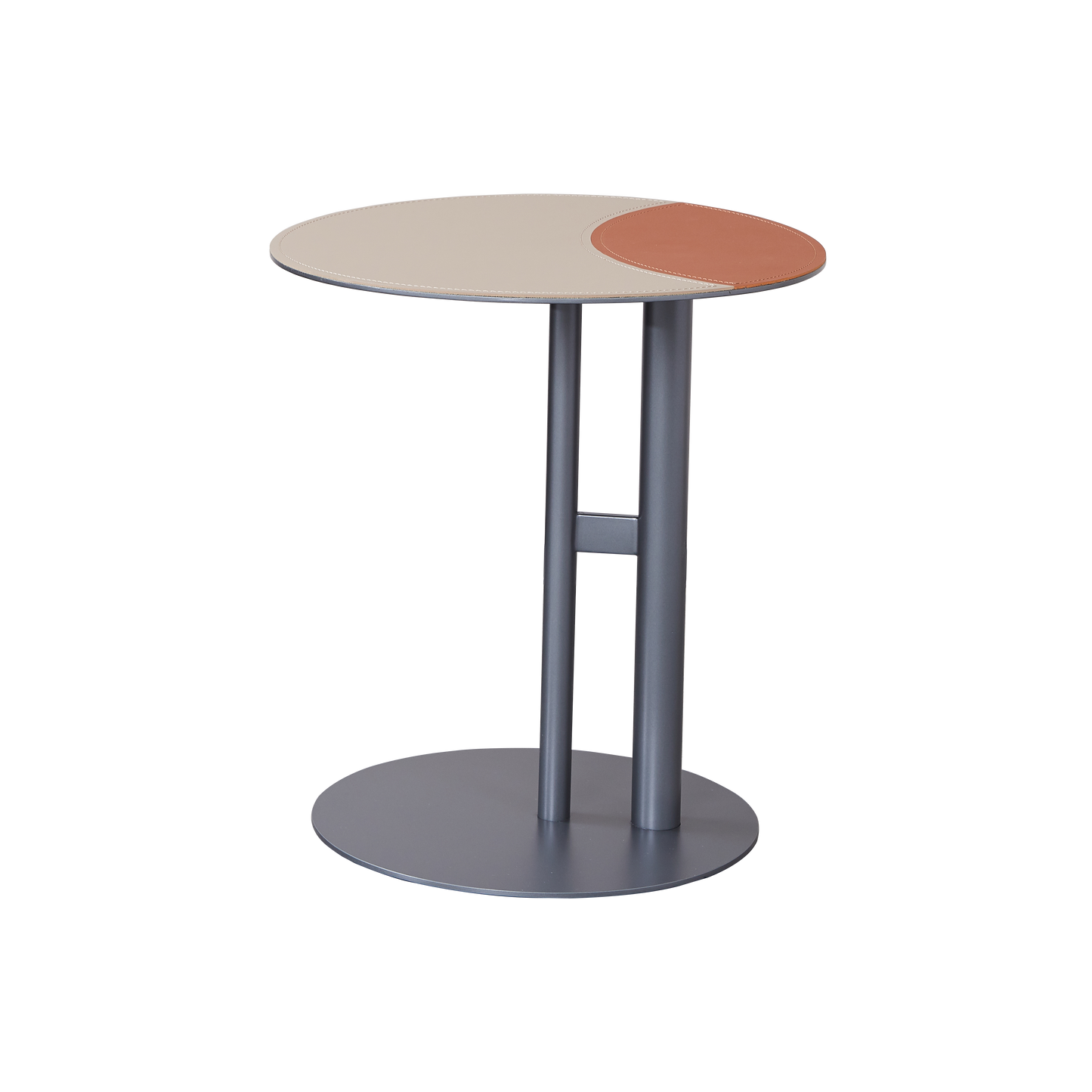 Round Two-Tone Saddle Leather End Table - Minimalist Compact Side Table With Metal Base For Living Room