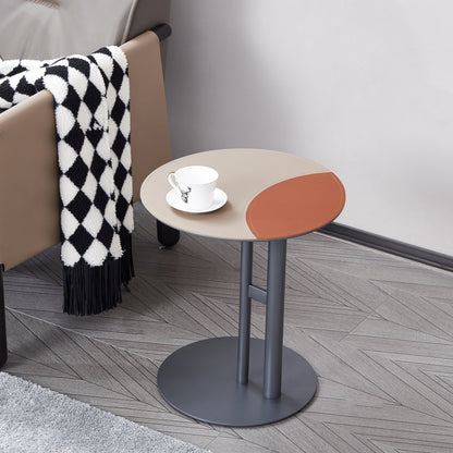 Round Two-Tone Saddle Leather End Table - Minimalist Compact Side Table With Metal Base For Living Room