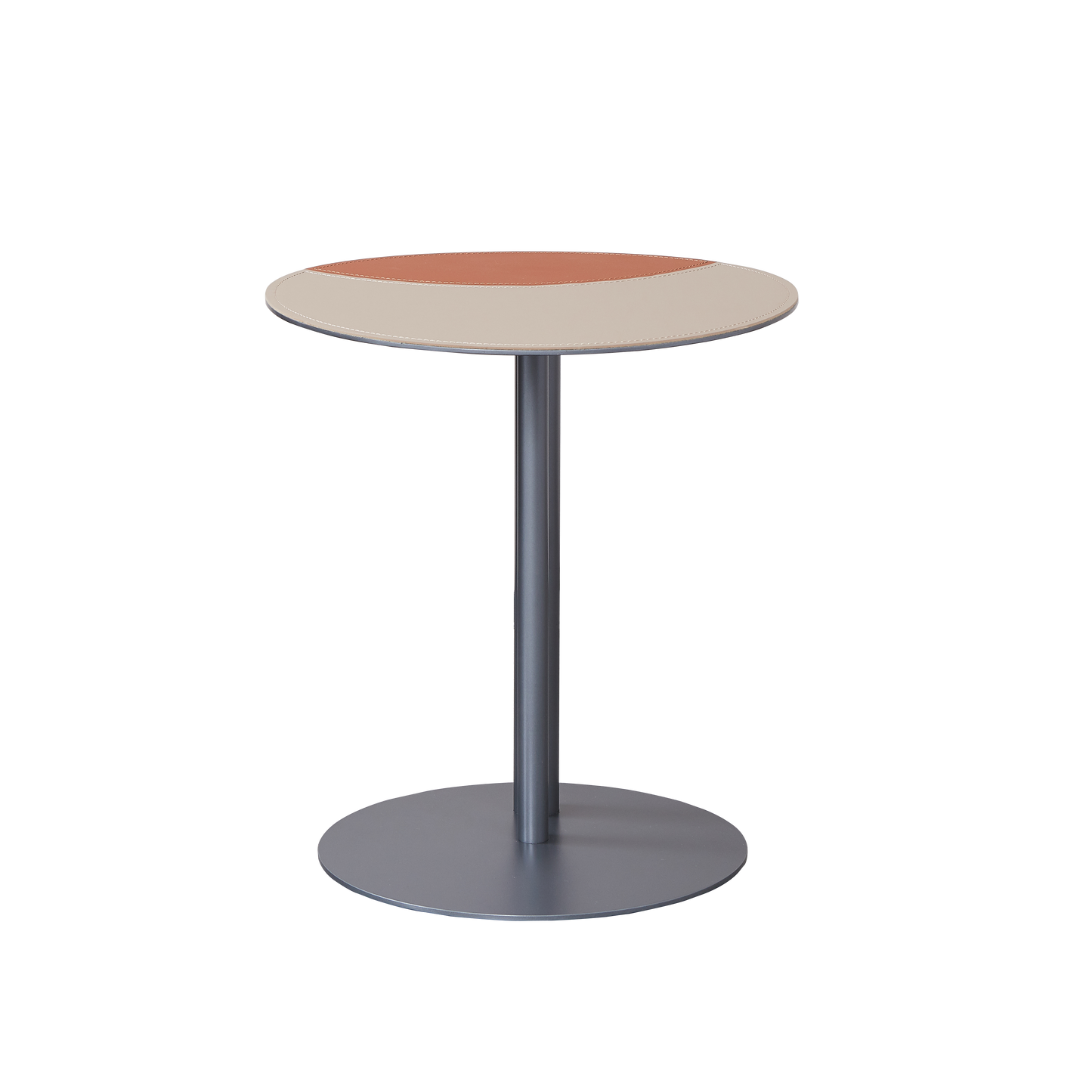 Round Two-Tone Saddle Leather End Table - Minimalist Compact Side Table With Metal Base For Living Room