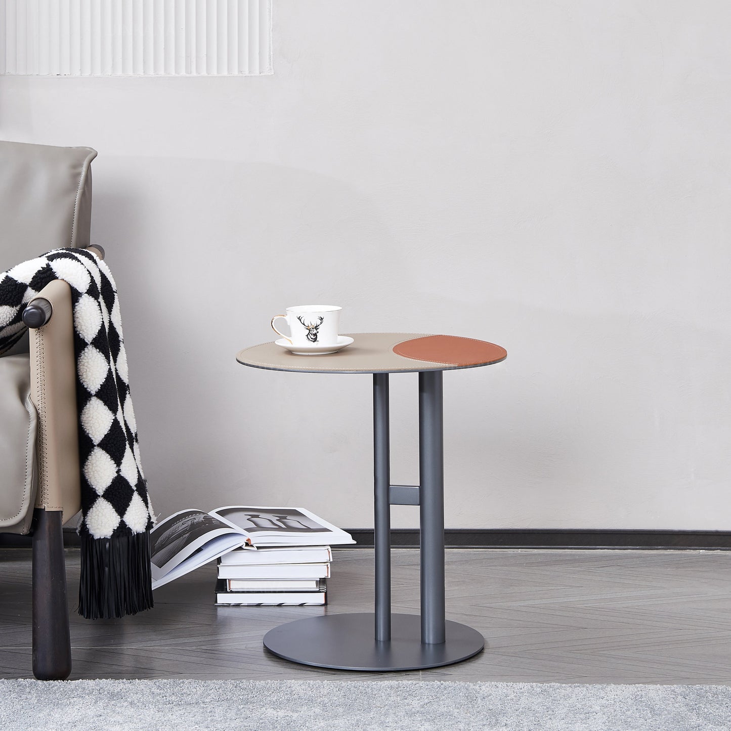 Round Two-Tone Saddle Leather End Table - Minimalist Compact Side Table With Metal Base For Living Room