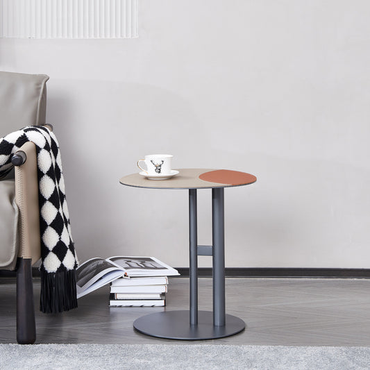 Round Two-Tone Saddle Leather End Table - Minimalist Compact Side Table With Metal Base For Living Room