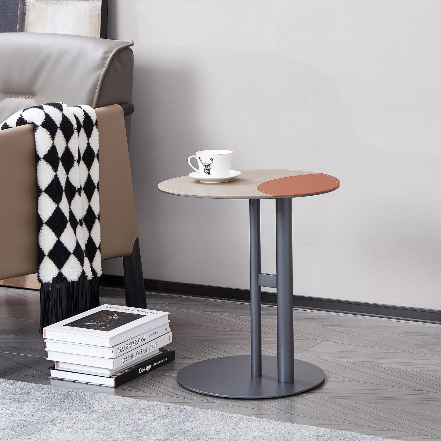 Round Two-Tone Saddle Leather End Table - Minimalist Compact Side Table With Metal Base For Living Room