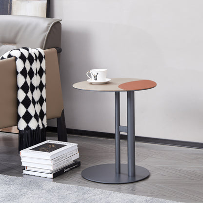 Round Two-Tone Saddle Leather End Table - Minimalist Compact Side Table With Metal Base For Living Room