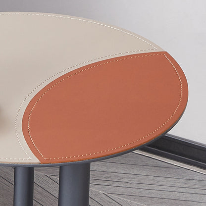 Round Two-Tone Saddle Leather End Table - Minimalist Compact Side Table With Metal Base For Living Room