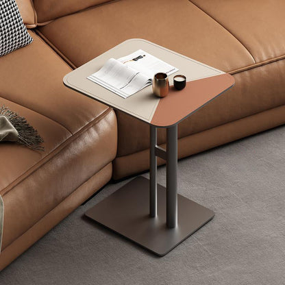 Square Dual-Tone Saddle Leather End Table - Minimalist Asymmetrical Patchwork Detail Corner Table For Living Room