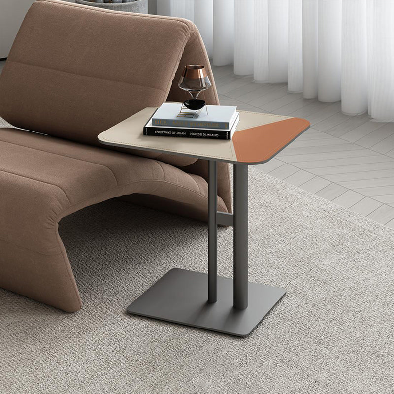 Square Dual-Tone Saddle Leather End Table - Minimalist Asymmetrical Patchwork Detail Corner Table For Living Room