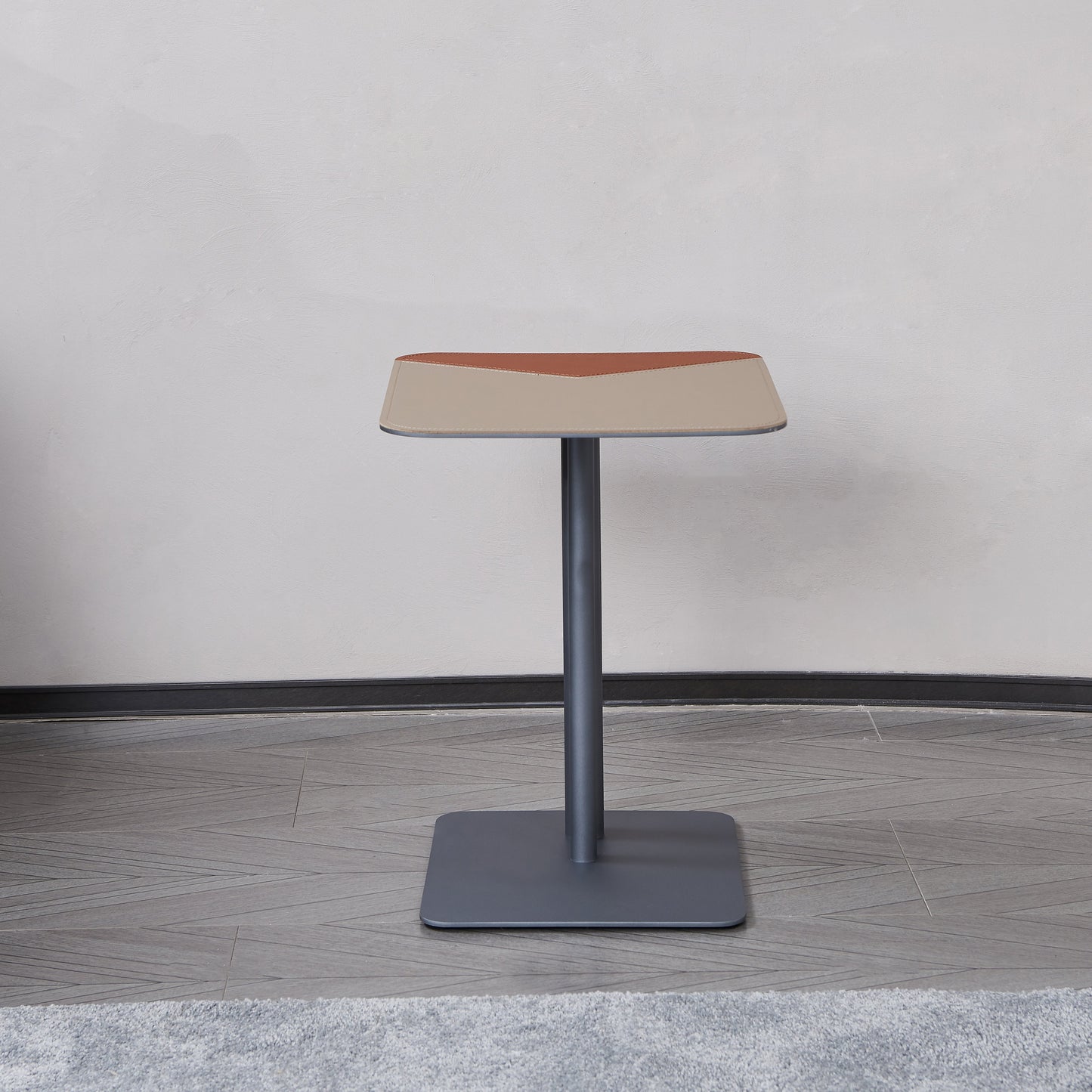 Square Dual-Tone Saddle Leather End Table - Minimalist Asymmetrical Patchwork Detail Corner Table For Living Room