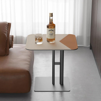 Square Dual-Tone Saddle Leather End Table - Minimalist Asymmetrical Patchwork Detail Corner Table For Living Room