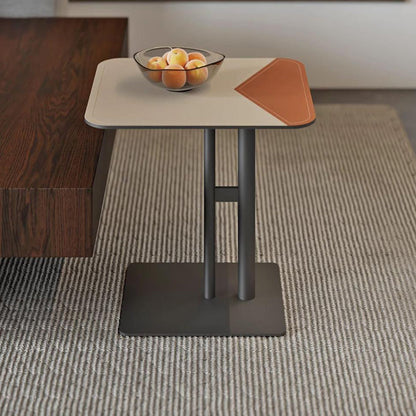 Square Dual-Tone Saddle Leather End Table - Minimalist Asymmetrical Patchwork Detail Corner Table For Living Room