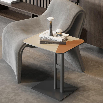 Square Dual-Tone Saddle Leather End Table - Minimalist Asymmetrical Patchwork Detail Corner Table For Living Room