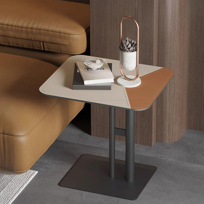 Square Dual-Tone Saddle Leather End Table - Minimalist Asymmetrical Patchwork Detail Corner Table For Living Room