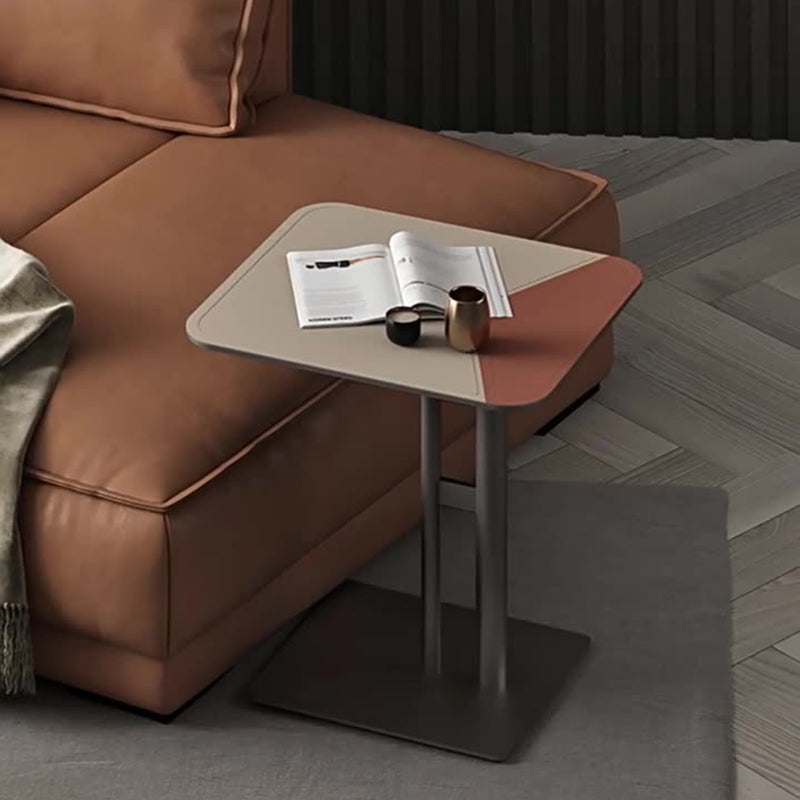 Square Dual-Tone Saddle Leather End Table - Minimalist Asymmetrical Patchwork Detail Corner Table For Living Room