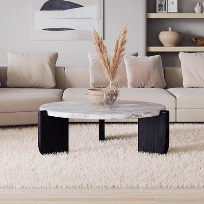 Round Faux Marble Solid Wood Coffee Table - Nordic Natural Texture Accent Table For Living Room