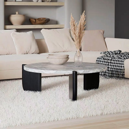 Round Faux Marble Solid Wood Coffee Table - Nordic Natural Texture Accent Table For Living Room