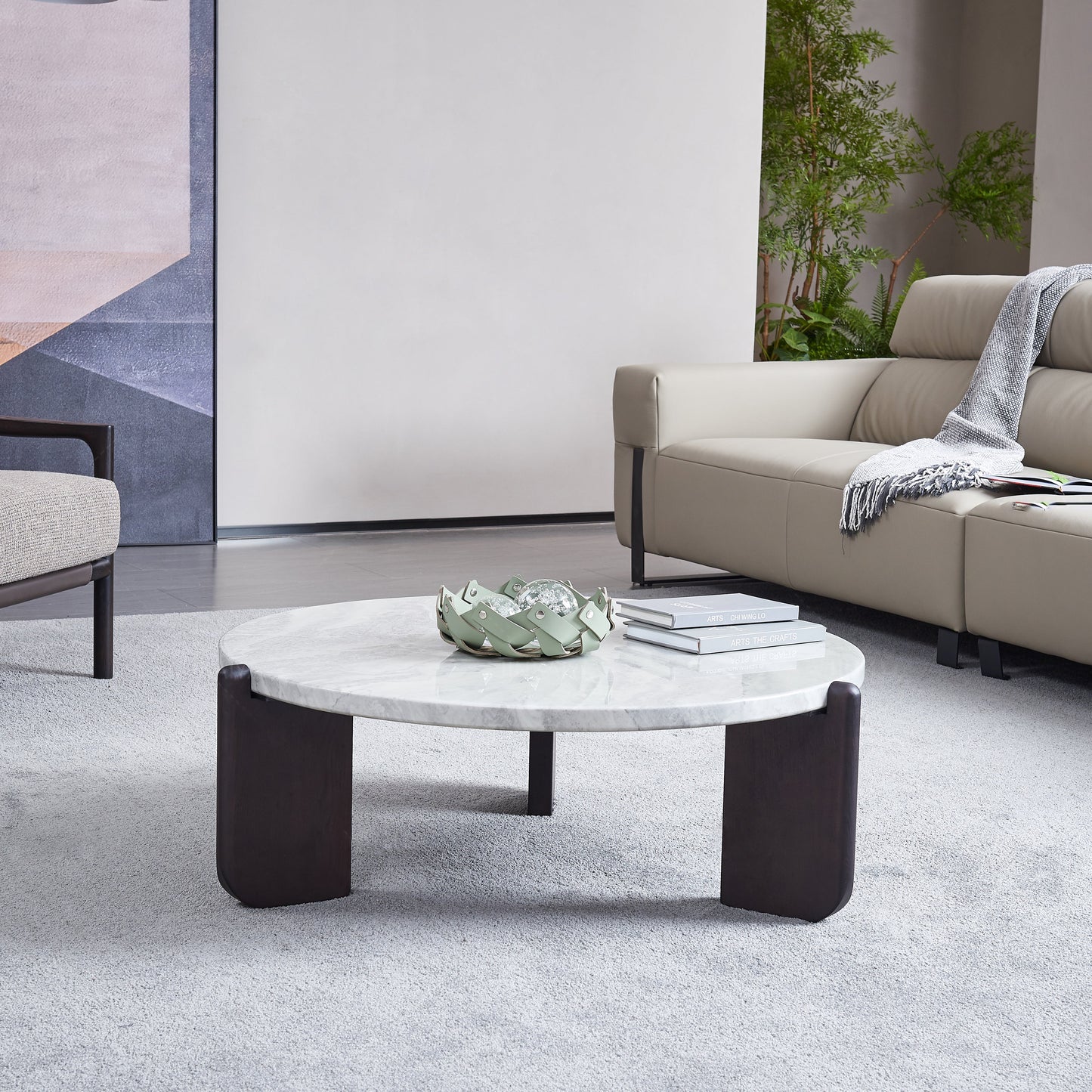 Round Faux Marble Solid Wood Coffee Table - Nordic Natural Texture Accent Table For Living Room