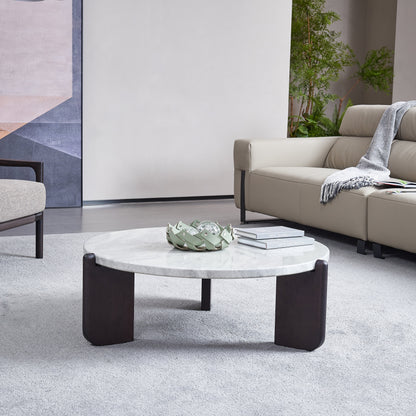 Round Faux Marble Solid Wood Coffee Table - Nordic Natural Texture Accent Table For Living Room