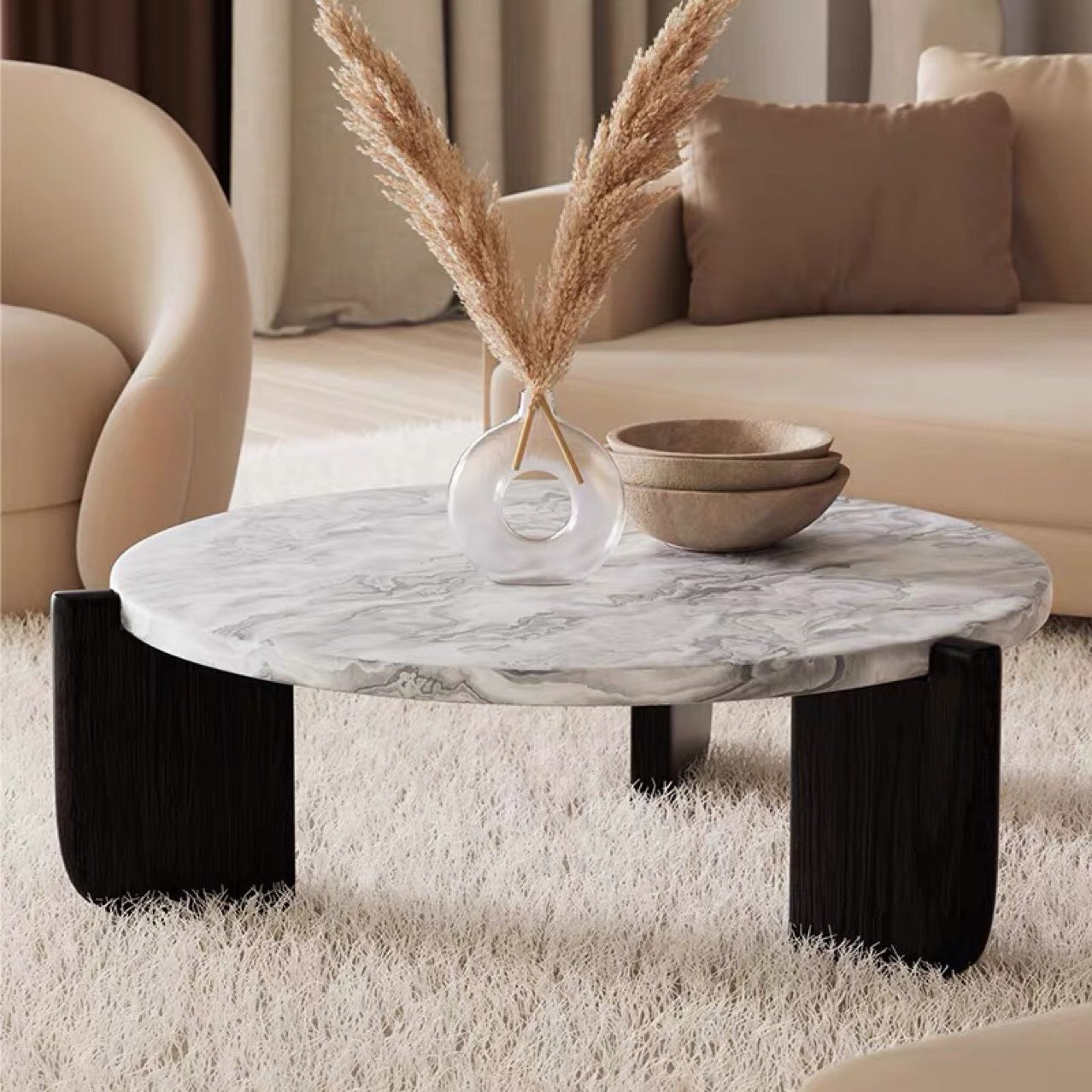 Round Faux Marble Solid Wood Coffee Table - Nordic Natural Texture Accent Table For Living Room