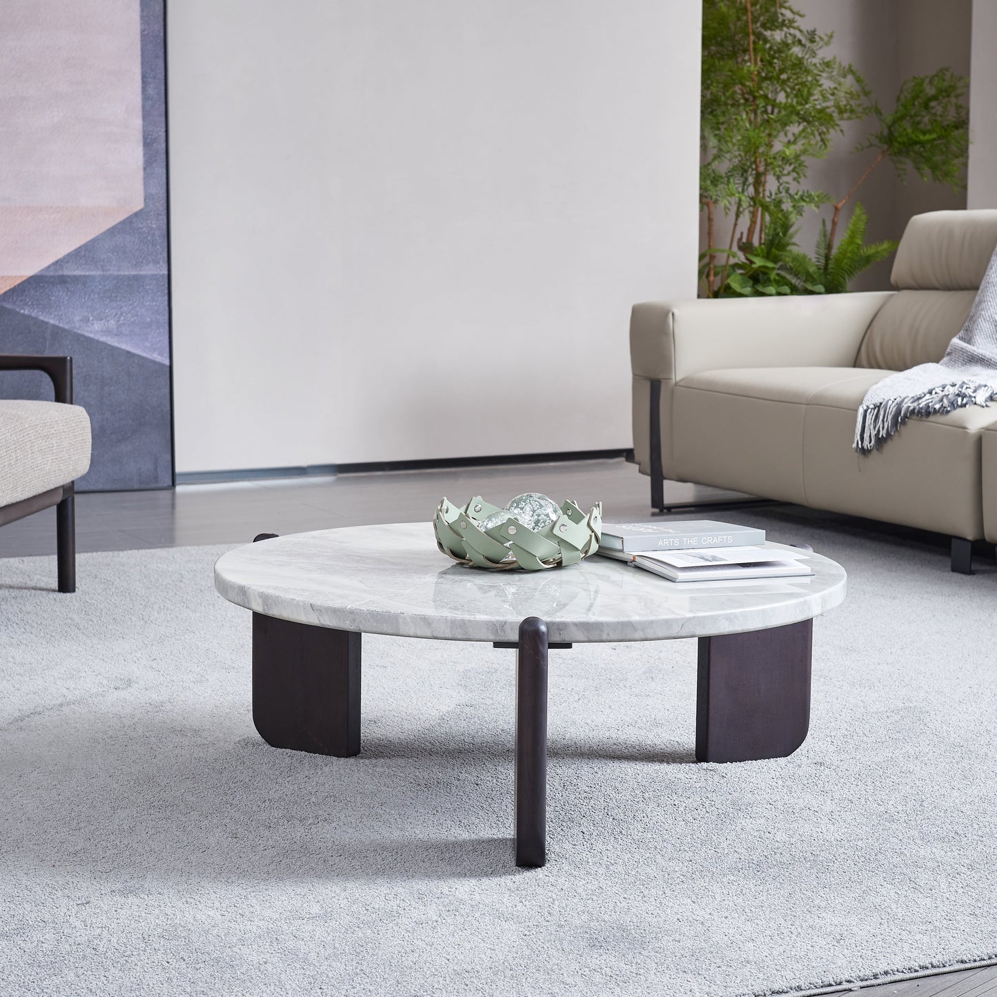 Round Faux Marble Solid Wood Coffee Table - Nordic Natural Texture Accent Table For Living Room