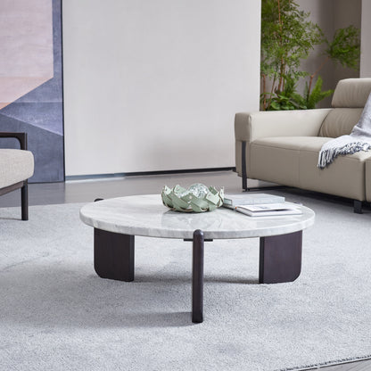 Round Faux Marble Solid Wood Coffee Table - Nordic Natural Texture Accent Table For Living Room