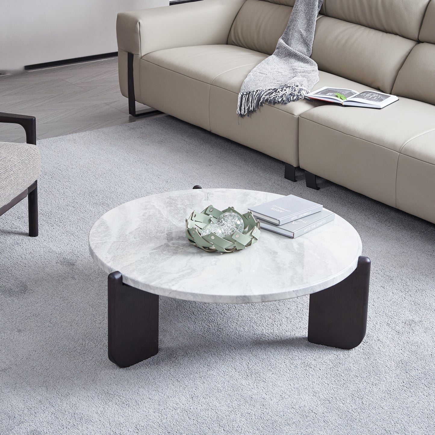 Round Faux Marble Solid Wood Coffee Table - Nordic Natural Texture Accent Table For Living Room