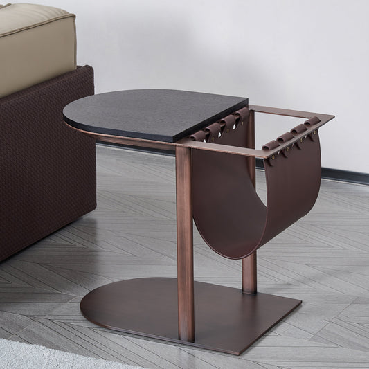 Half Oval Wood Saddle Leather Metal Side Table - Vintage Decorative End Table For Living Room