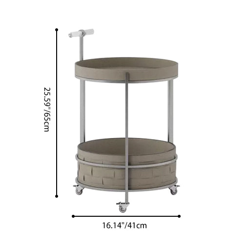 Rolling Round Saddle Leather Acrylic Side Table - Vintage Dual-Layer Storage Trolley With Stainless Steel Frame For Living Room