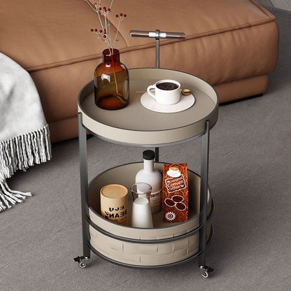 Rolling Round Saddle Leather Acrylic Side Table - Vintage Dual-Layer Storage Trolley With Stainless Steel Frame For Living Room