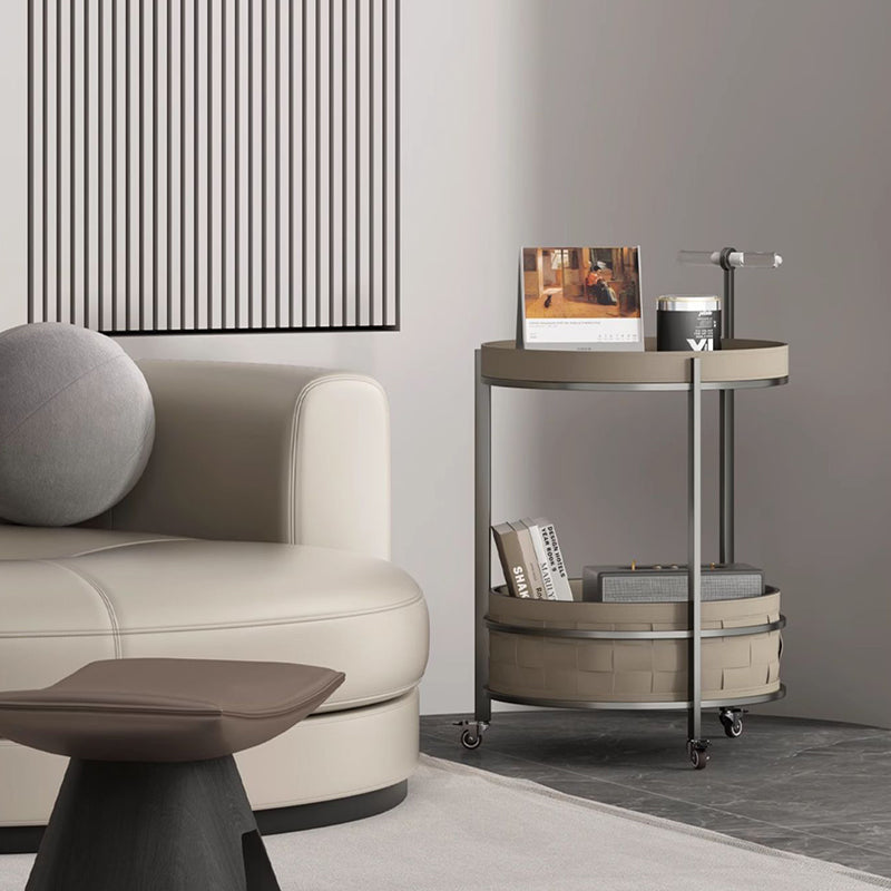 Rolling Round Saddle Leather Acrylic Side Table - Vintage Dual-Layer Storage Trolley With Stainless Steel Frame For Living Room