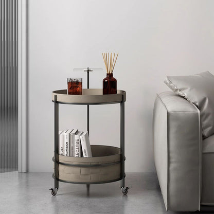 Rolling Round Saddle Leather Acrylic Side Table - Vintage Dual-Layer Storage Trolley With Stainless Steel Frame For Living Room