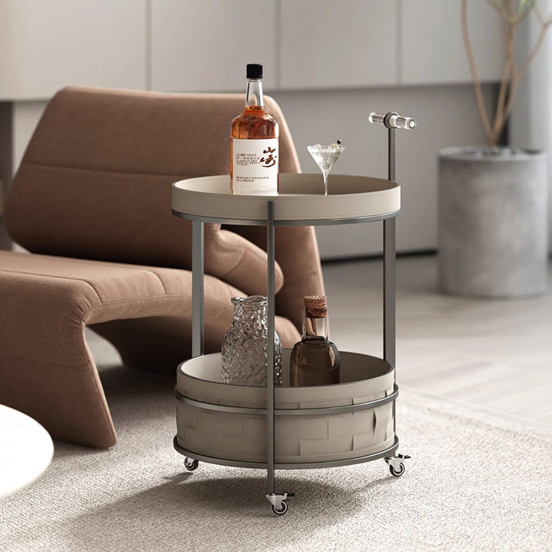 Rolling Round Saddle Leather Acrylic Side Table - Vintage Dual-Layer Storage Trolley With Stainless Steel Frame For Living Room