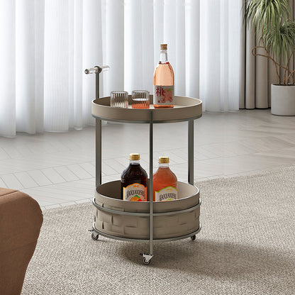 Rolling Round Saddle Leather Acrylic Side Table - Vintage Dual-Layer Storage Trolley With Stainless Steel Frame For Living Room