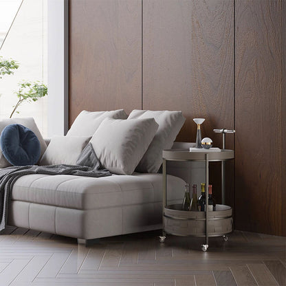 Rolling Round Saddle Leather Acrylic Side Table - Vintage Dual-Layer Storage Trolley With Stainless Steel Frame For Living Room