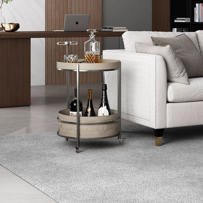 Rolling Round Saddle Leather Acrylic Side Table - Vintage Dual-Layer Storage Trolley With Stainless Steel Frame For Living Room