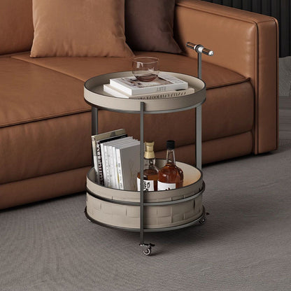Rolling Round Saddle Leather Acrylic Side Table - Vintage Dual-Layer Storage Trolley With Stainless Steel Frame For Living Room