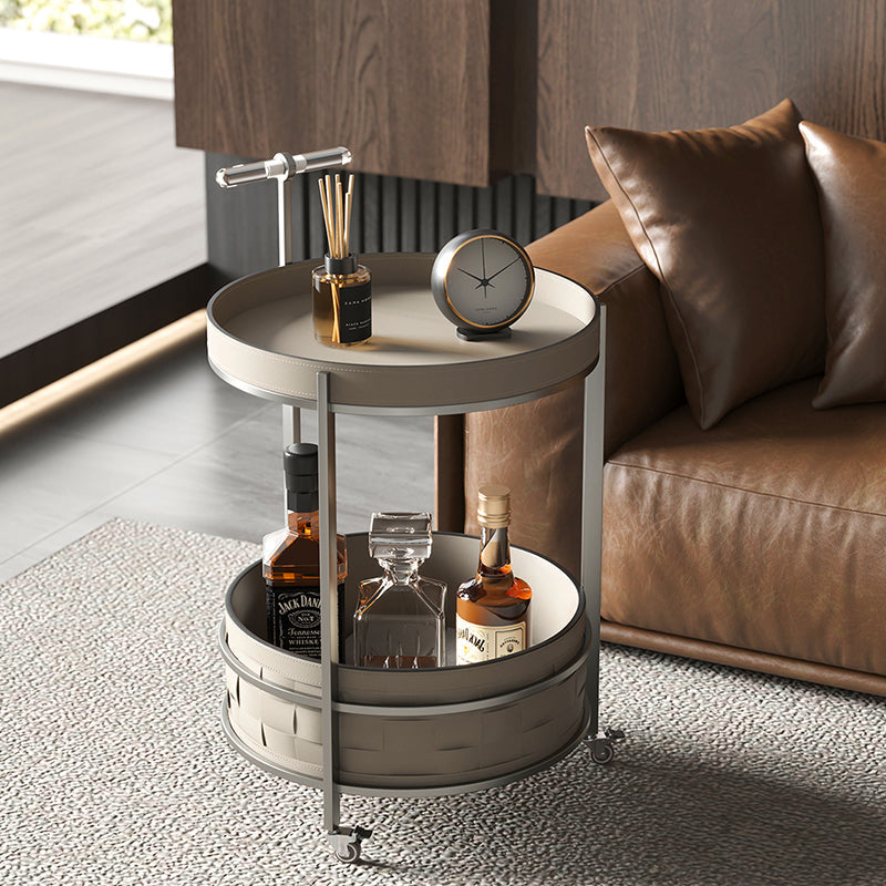 Rolling Round Saddle Leather Acrylic Side Table - Vintage Dual-Layer Storage Trolley With Stainless Steel Frame For Living Room