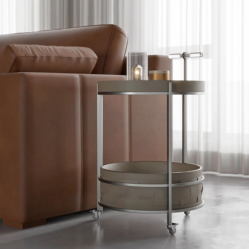 Rolling Round Saddle Leather Acrylic Side Table - Vintage Dual-Layer Storage Trolley With Stainless Steel Frame For Living Room