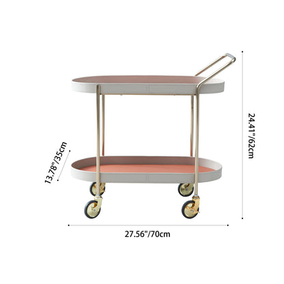 Mobile Oval Saddle Leather Side Table With Gold Stainless Steel Frame -Creative Rolling Dual Tier Drink Trolley For Dining Room