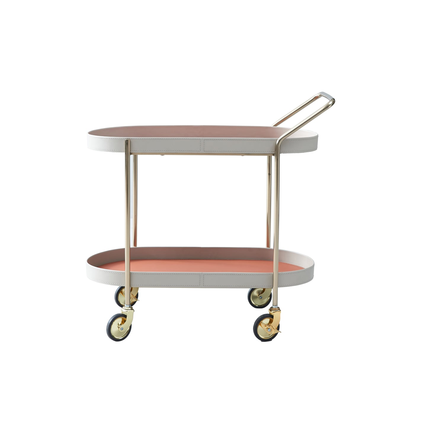 Mobile Oval Saddle Leather Side Table With Gold Stainless Steel Frame -Creative Rolling Dual Tier Drink Trolley For Dining Room