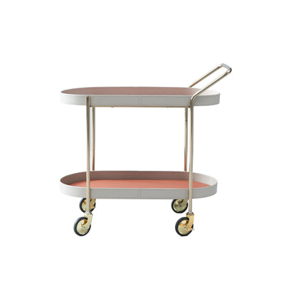 Mobile Oval Saddle Leather Side Table With Gold Stainless Steel Frame -Creative Rolling Dual Tier Drink Trolley For Dining Room