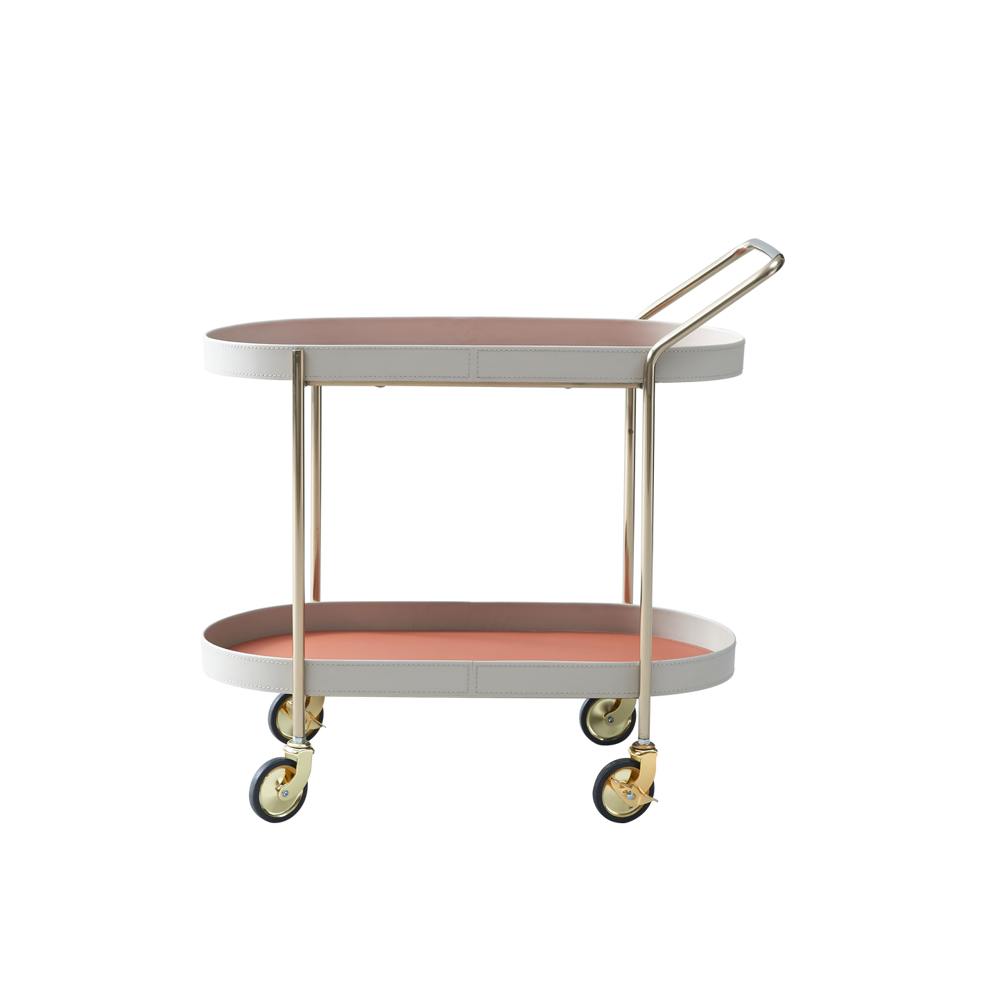 Mobile Oval Saddle Leather Side Table With Gold Stainless Steel Frame -Creative Rolling Dual Tier Drink Trolley For Dining Room