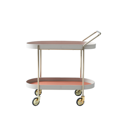 Mobile Oval Saddle Leather Side Table With Gold Stainless Steel Frame -Creative Rolling Dual Tier Drink Trolley For Dining Room