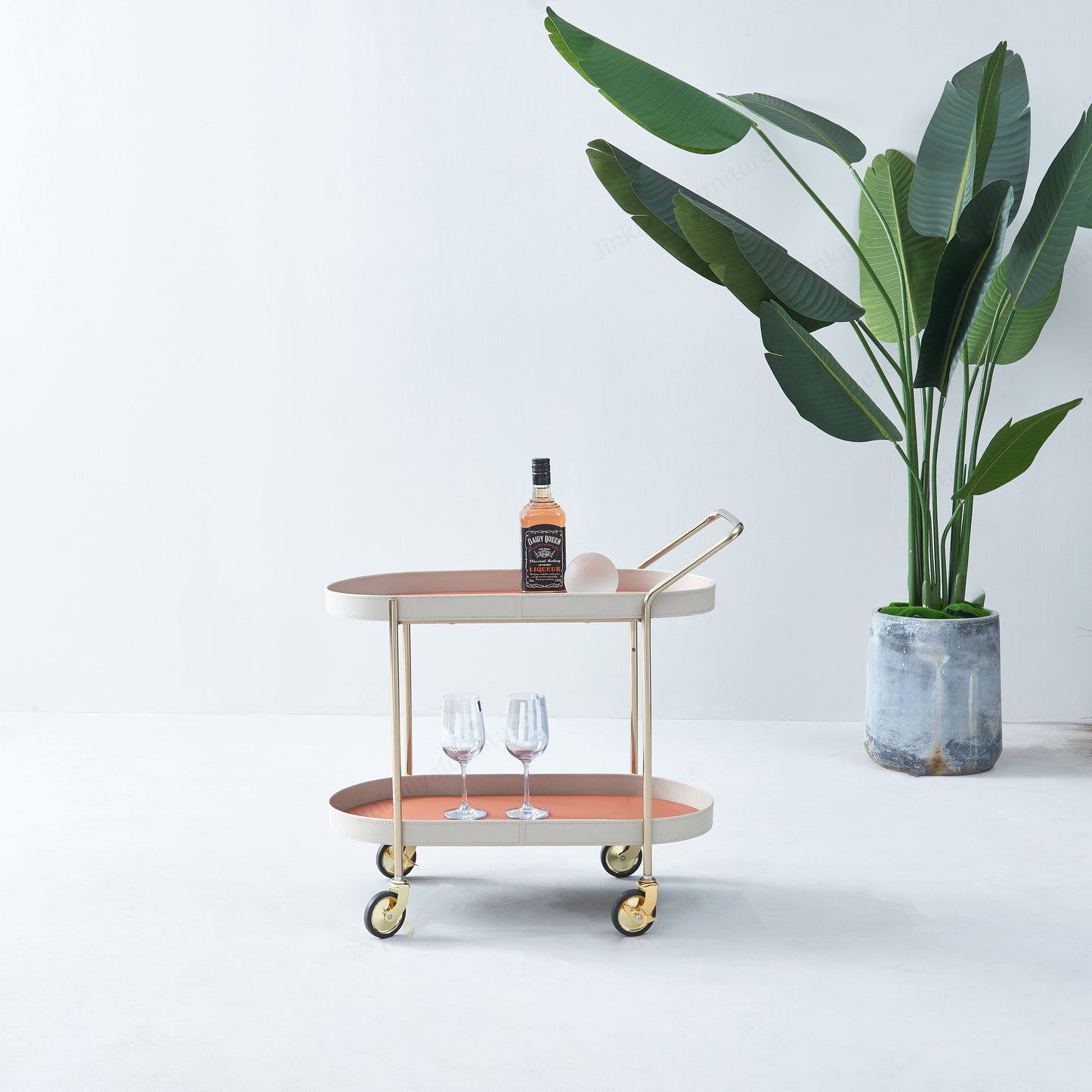 Mobile Oval Saddle Leather Side Table With Gold Stainless Steel Frame -Creative Rolling Dual Tier Drink Trolley For Dining Room