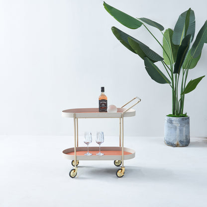 Mobile Oval Saddle Leather Side Table With Gold Stainless Steel Frame -Creative Rolling Dual Tier Drink Trolley For Dining Room