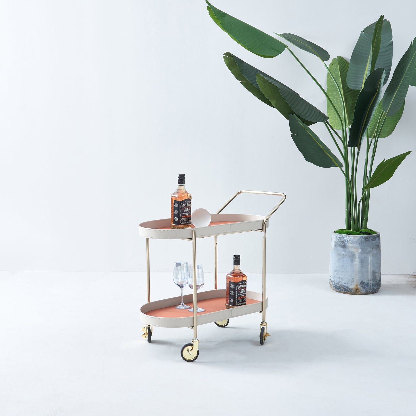 Mobile Oval Saddle Leather Side Table With Gold Stainless Steel Frame -Creative Rolling Dual Tier Drink Trolley For Dining Room