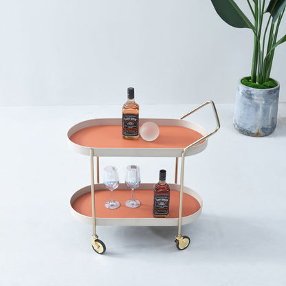 Mobile Oval Saddle Leather Side Table With Gold Stainless Steel Frame -Creative Rolling Dual Tier Drink Trolley For Dining Room
