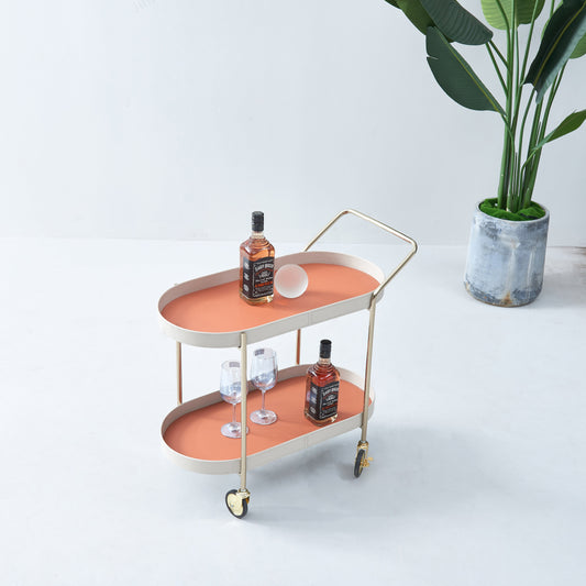 Mobile Oval Saddle Leather Side Table With Gold Stainless Steel Frame -Creative Rolling Dual Tier Drink Trolley For Dining Room