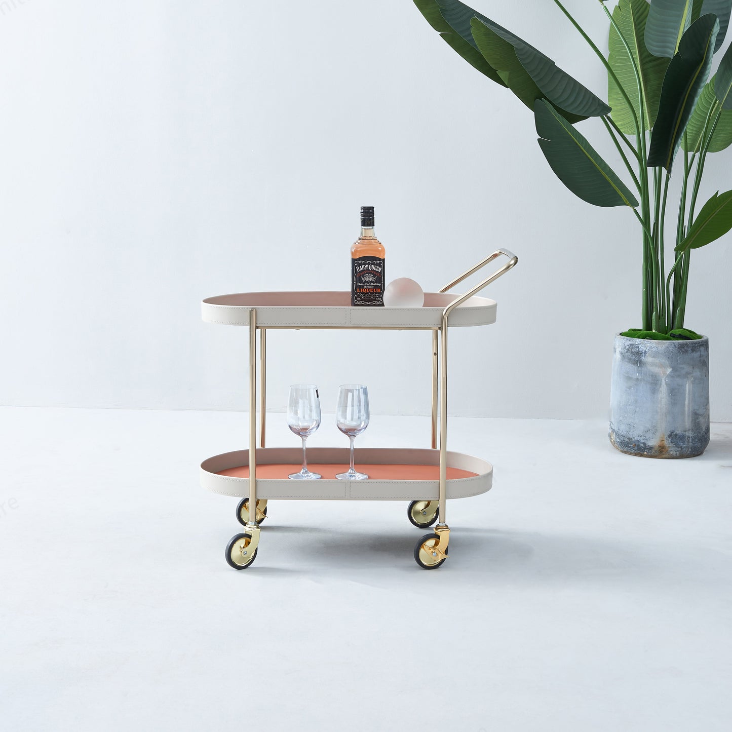 Mobile Oval Saddle Leather Side Table With Gold Stainless Steel Frame -Creative Rolling Dual Tier Drink Trolley For Dining Room