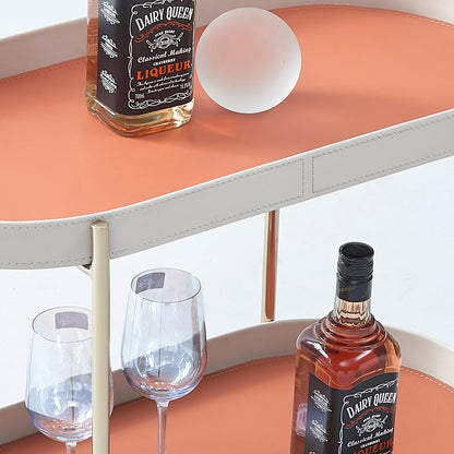 Mobile Oval Saddle Leather Side Table With Gold Stainless Steel Frame -Creative Rolling Dual Tier Drink Trolley For Dining Room